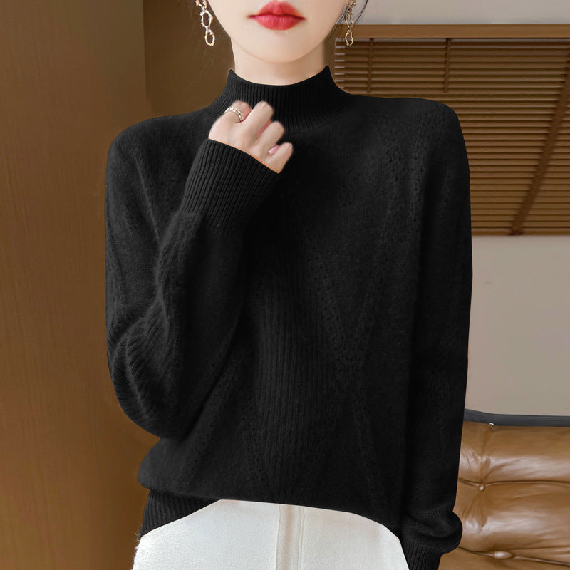 Women's Light Mockneck Fine Knit Sweater with Openwork Chevron and Cashmere Soft Finish Mune Fashion