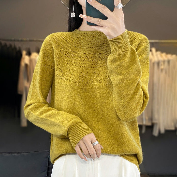 Ladies Soft Ajour-Yoke Round Neck Sweater in Cashmere-Look Fine Knit Mune Fashion