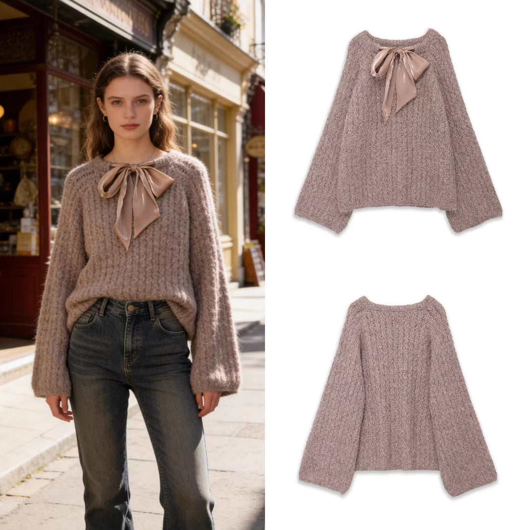 Women Oversize Mohair-Optics Knit Sweater with Back Bow Mune Fashion