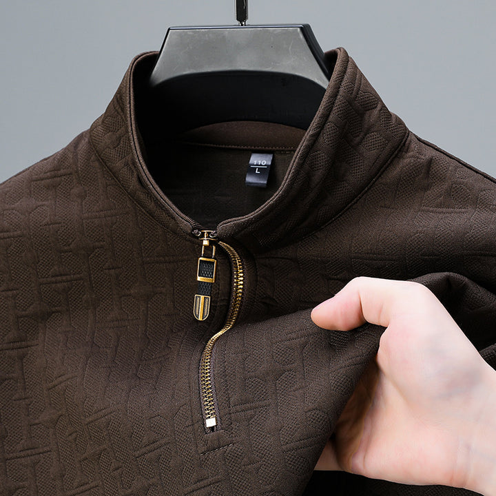 Men's Structure Jacquard Sweater with Short Zipper and Stand-Up Collar Mune Fashion