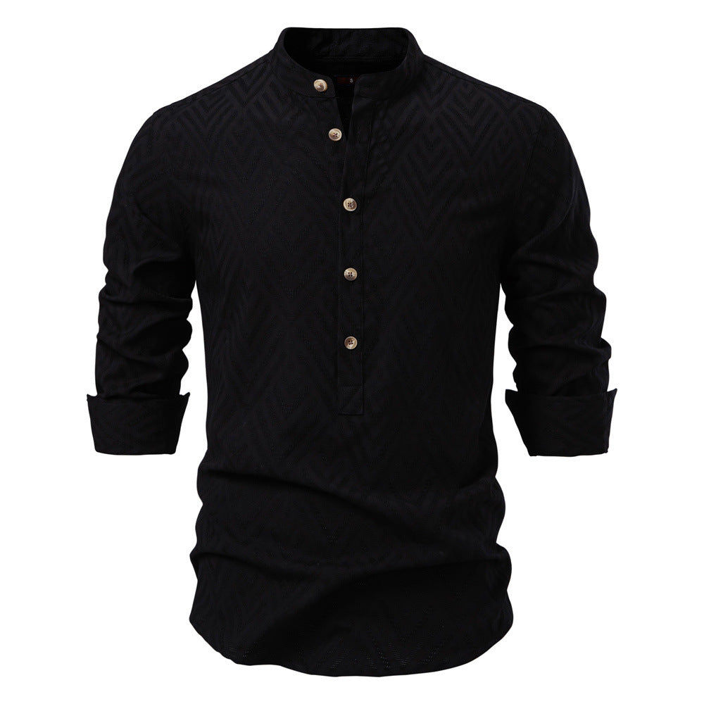 Men's jacquard shirt with stand-up collar, half button placket, and wood-look buttons Mune Fashion