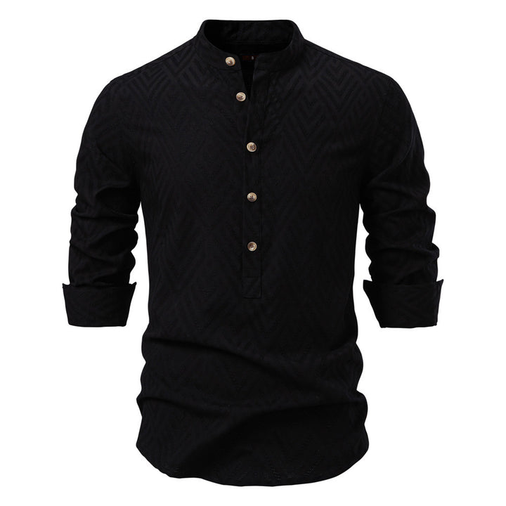 Men's jacquard shirt with stand-up collar, half button placket, and wood-look buttons Mune Fashion