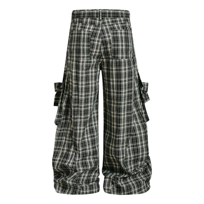 Women checked high-cut cargo pants with wide legs and ruffled pockets Mune Fashion