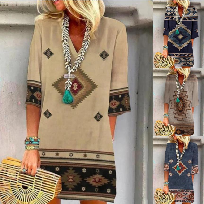 Women's Boho Tunic Dress with V-neck, 3/4 sleeves and geometric ethnic print Mune Fashion