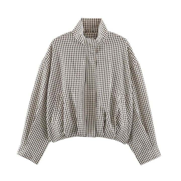 Women Check Transitional Jacket in Oversized Cropped Cut with High Stand-Up Collar Mune Fashion
