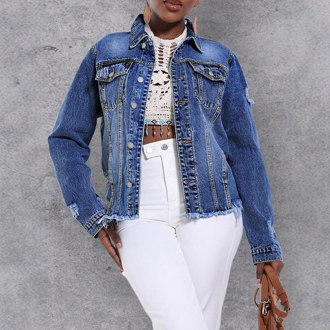 Women's Casual Denim Jacket with Distressed Details, Patch Chest Pockets and Frayed Hem Mune Fashion