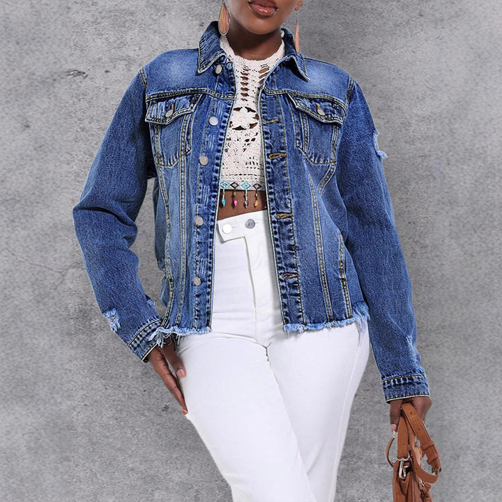 Women's Casual Denim Jacket with Distressed Details, Patch Chest Pockets and Frayed Hem Mune Fashion