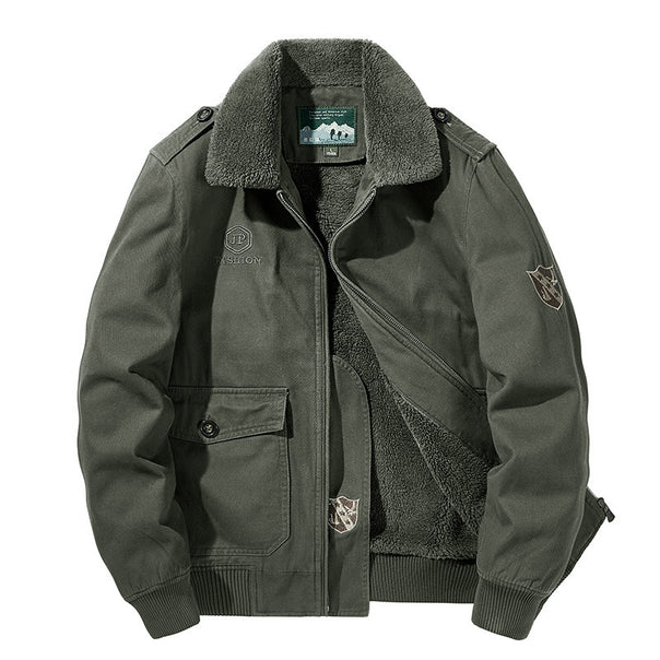 Men's pilot bomber jacket with Sherpa lining, shoulder flaps, and zipper Mune Fashion