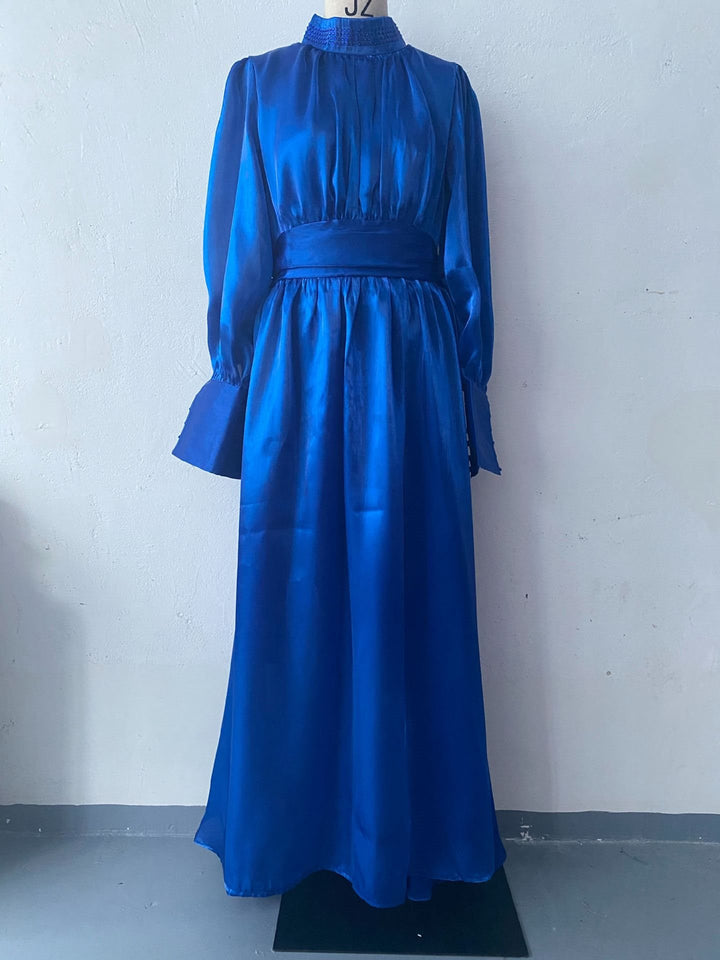 Women Elegant Chiffon Maxi Dress with Tailored Wrap Waist, Stand Collar and Long Puff Sleeves Mune Fashion