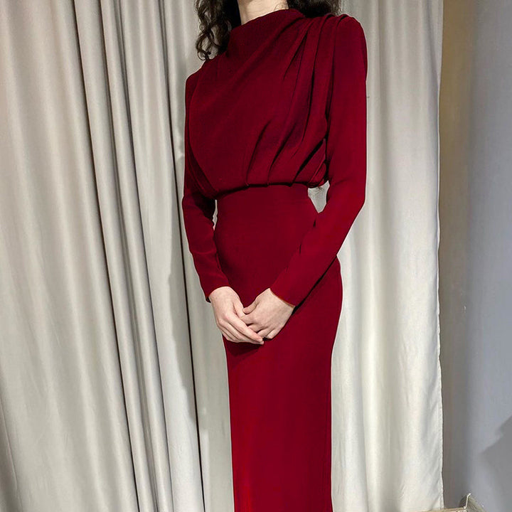 Ladies nan elegant midi dress with draped waterfall front, tailored pencil silhouette and long sleeves Mune Fashion