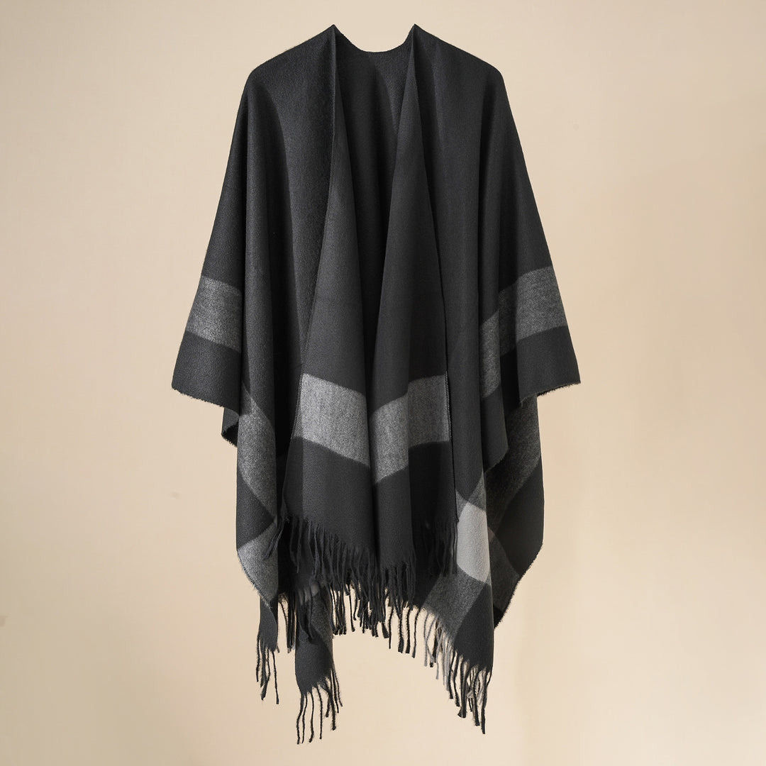 Women's Wool Blend Poncho with Check Pattern and Fringing Mune Fashion