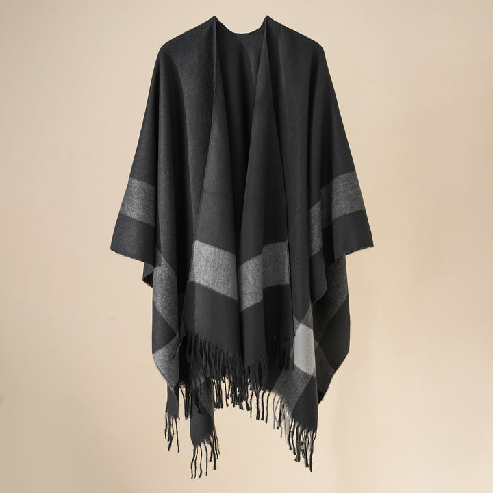 Women's Wool Blend Poncho with Check Pattern and Fringing Mune Fashion