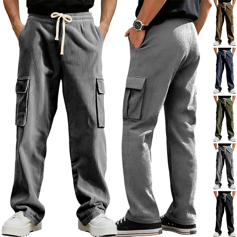 Men's casual corduroy cargo pants with elastic drawstring waist, straight leg, and flap pockets Mune Fashion