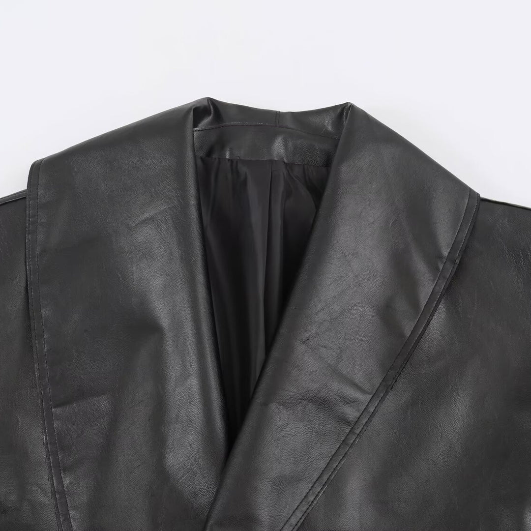 Women's Cropped Leather-Look Jacket with Oversized Shawl Collar and Tailoring Buckle Belt Mune Fashion
