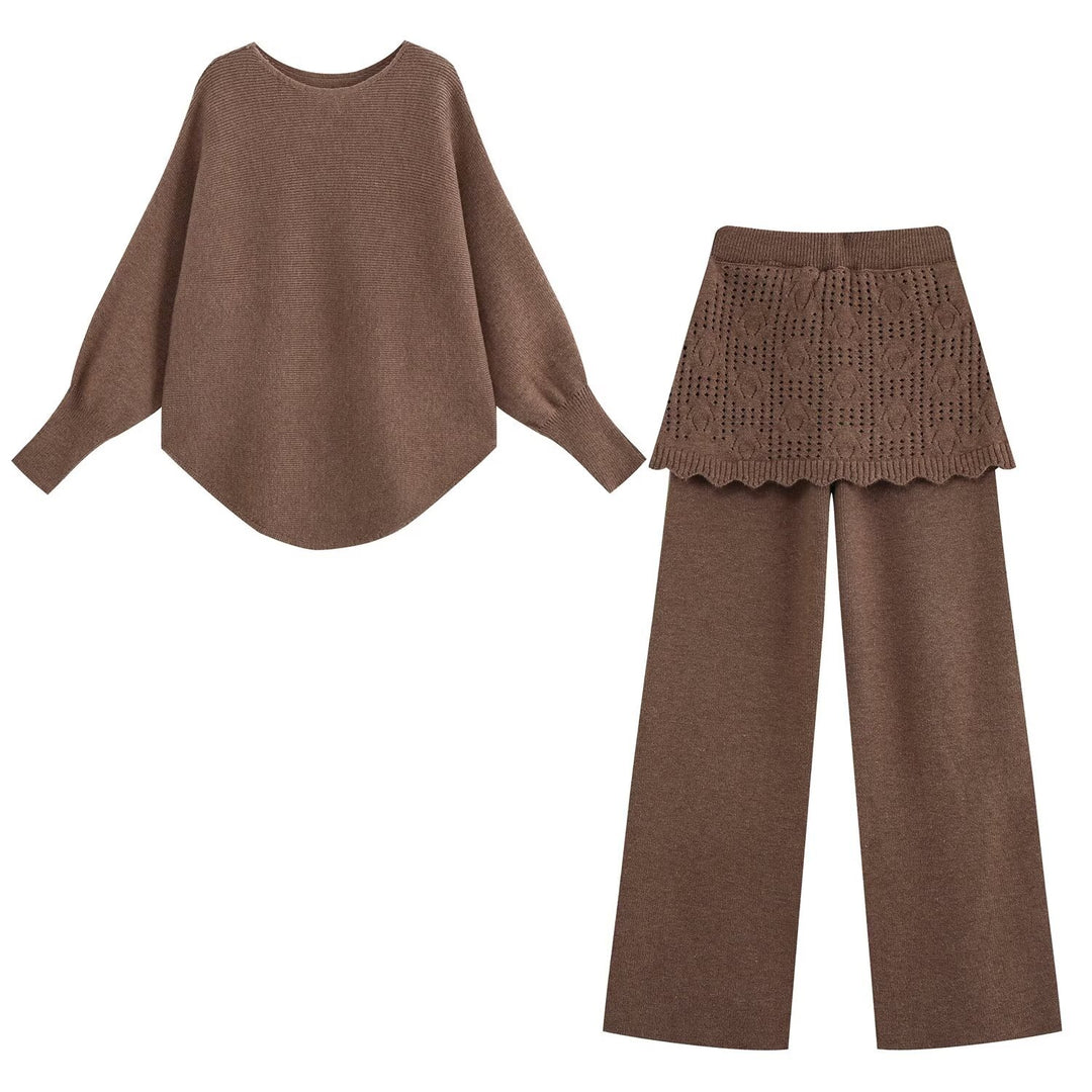 Ladies Two-Piece Knit Set with Oversized Sweater, Lace Pattern Mini Skirt and Wide Palazzo Pants Mune Fashion
