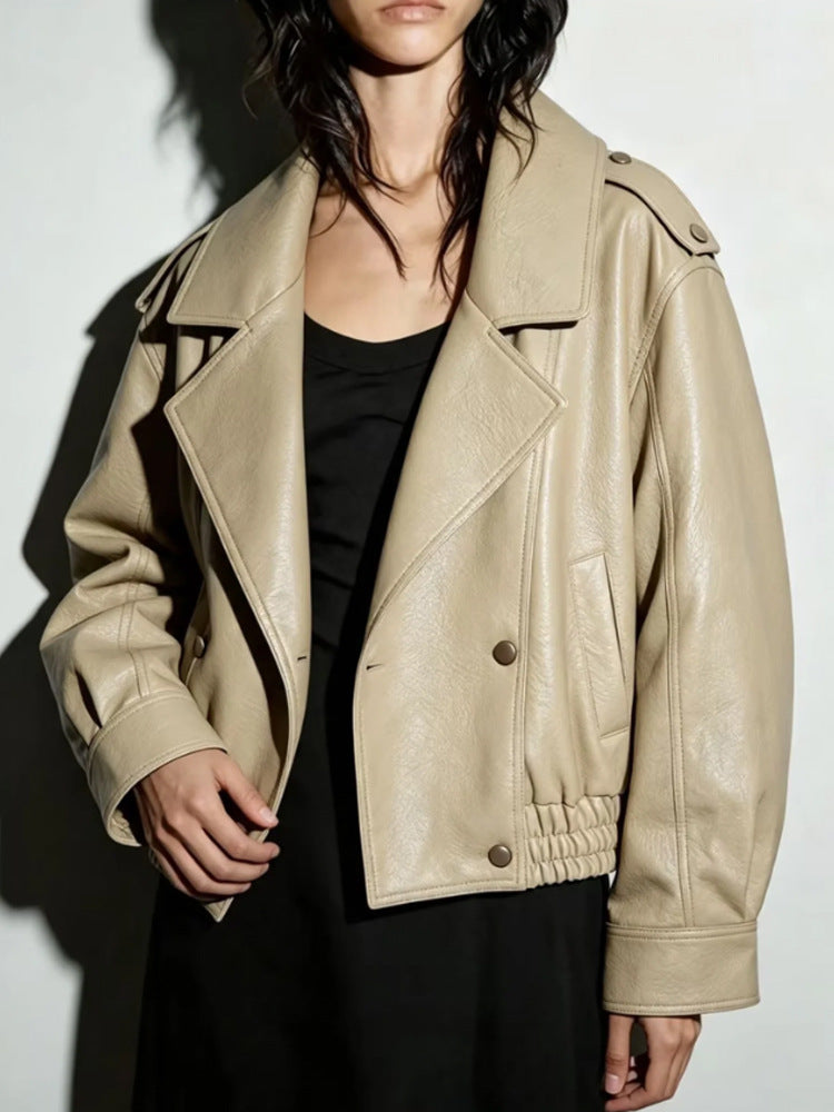 Women's Oversize Faux Leather Blouson with Double-Breasted Button Placket, Wide Lapels, and Elastic Hem Mune Fashion