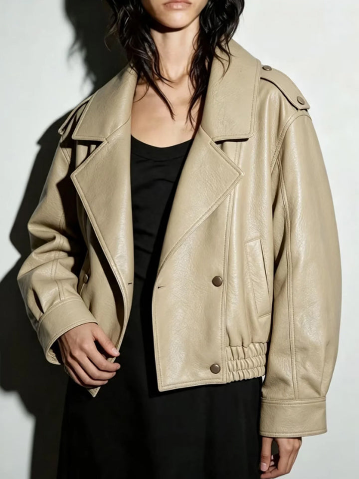 Women's Oversize Faux Leather Blouson with Double-Breasted Button Placket, Wide Lapels, and Elastic Hem Mune Fashion