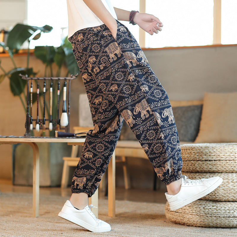 Men's Wide Harem Pants in Boho Print with Elastic Drawstring and Ruffled Anklebands Mune Fashion