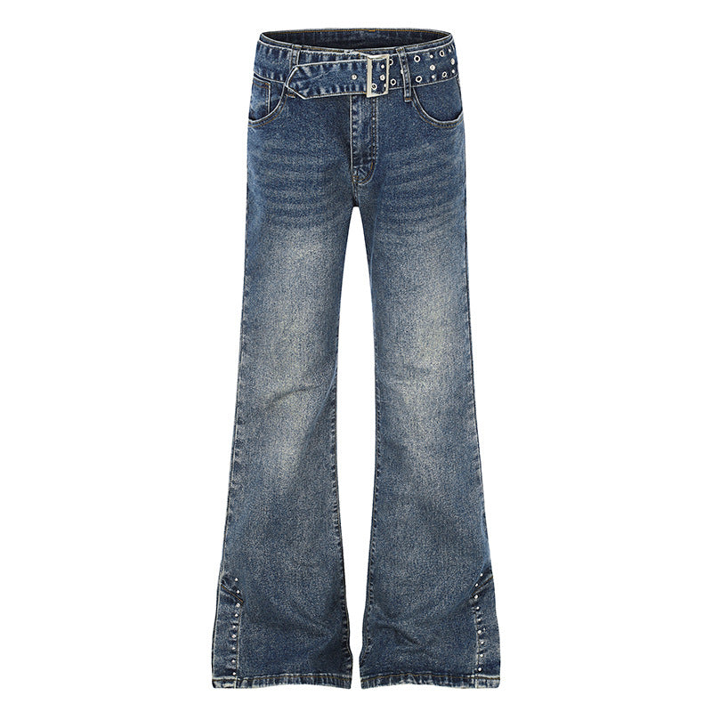 Women's High-Waist Flared Denim Jeans with Studded Detail, Wide Flare and Decorative Belt Mune Fashion