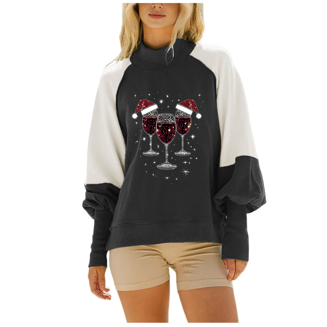 Women oversized Raglan sweatshirt with standing collar and sparkling Christmas rhinestone print Mune Fashion