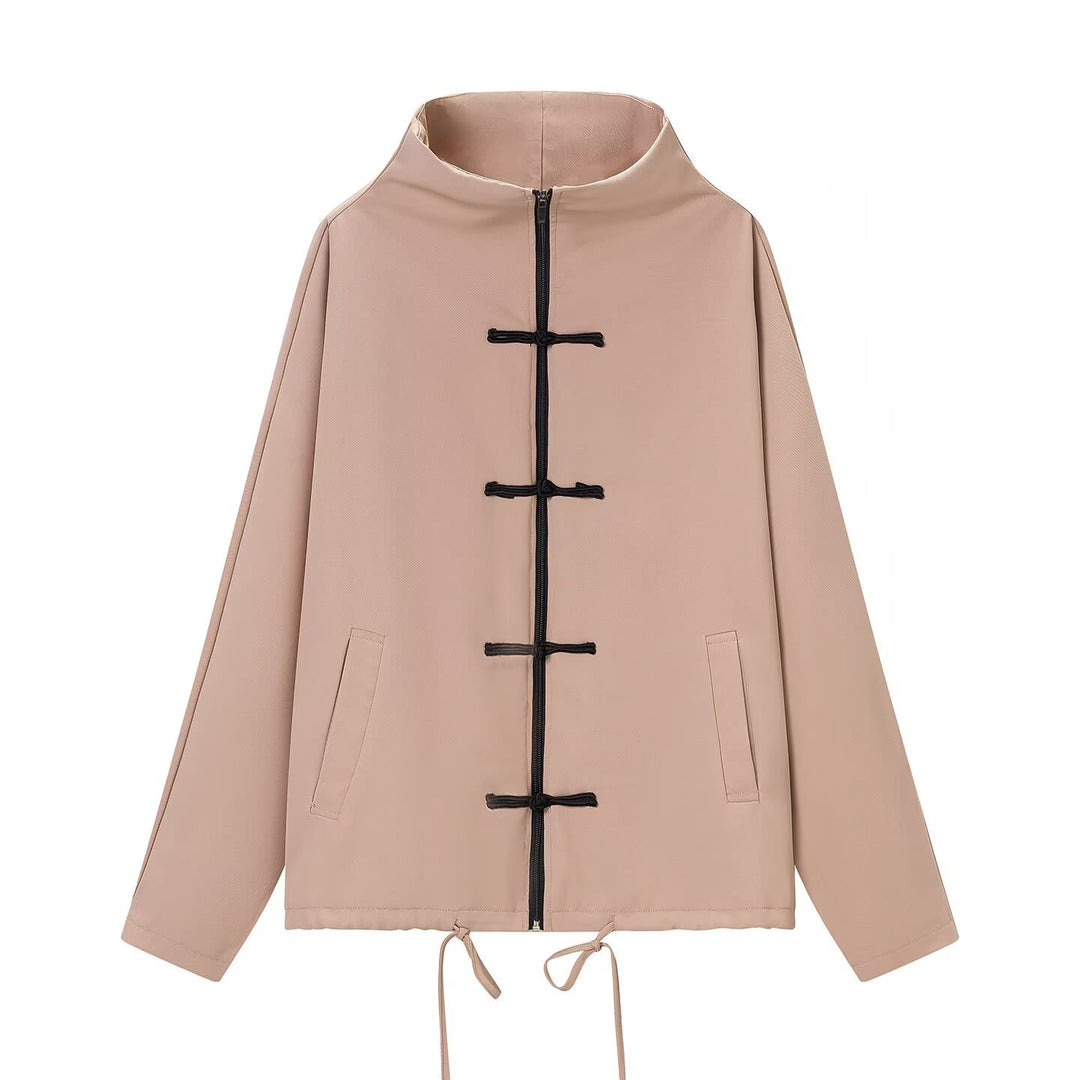 Women's lightweight boxy jacket with stand-up collar, zipper front, drawstring and decorative knot closures Mune Fashion