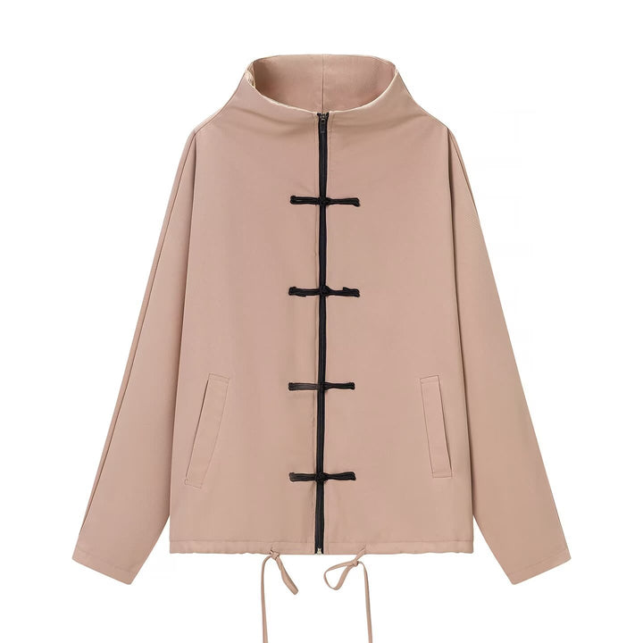 Women's lightweight boxy jacket with stand-up collar, zipper front, drawstring and decorative knot closures Mune Fashion