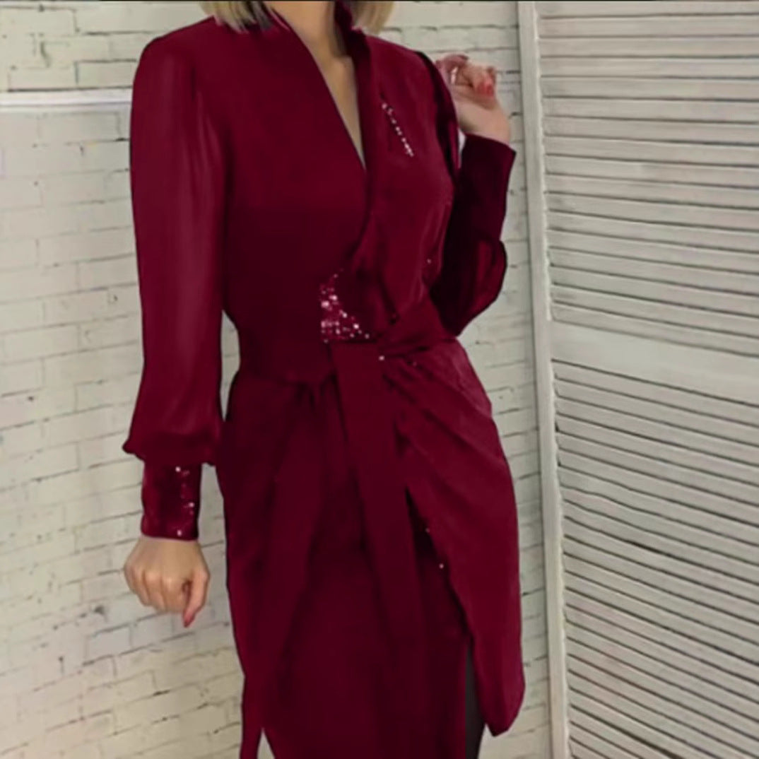 Women's tailored wrap dress with semi-transparent puff sleeves, subtle sequin trim and tie belt Mune Fashion