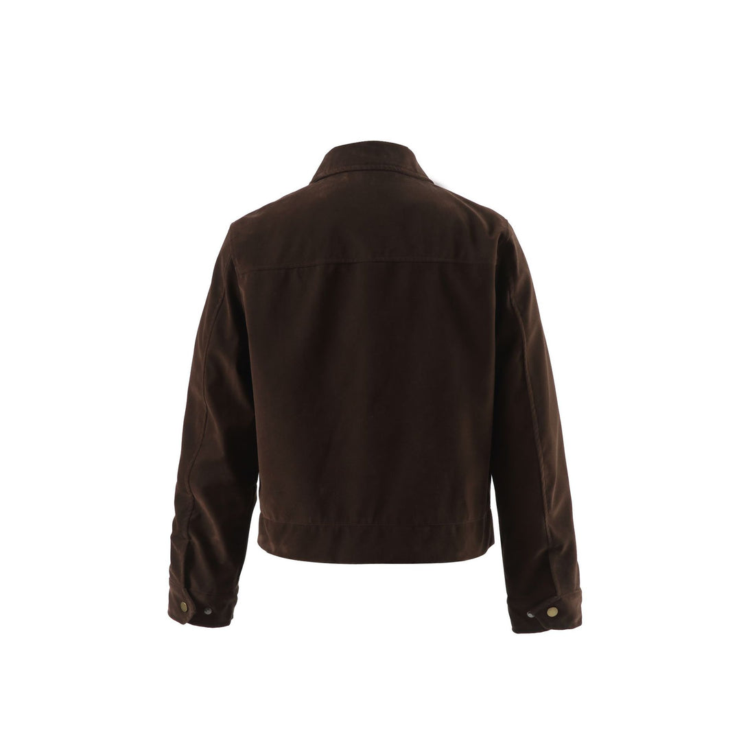Men's short-cut velour-look blouson with shirt collar and concealed zip closure.