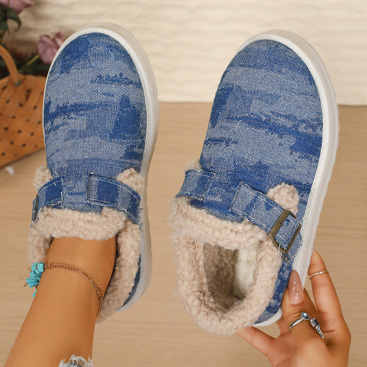 Women's Padded Denim Slip-On House Slippers with Teddy Lining and Adjustable Buckle Strap Mune Fashion