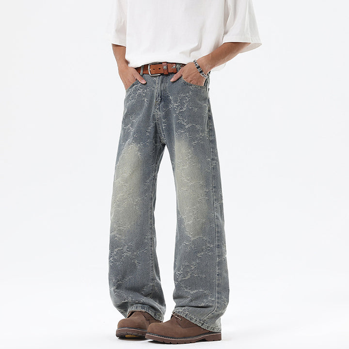 Men's Wide Cut Vintage Denim Pants in Baggy Look with Marble Wash and Low Crotch Mune Fashion