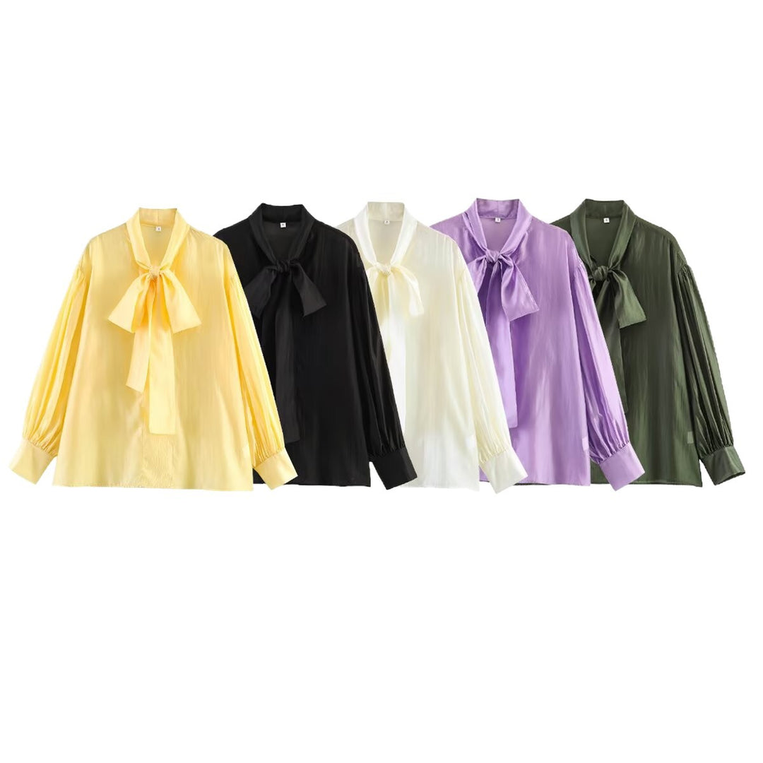 Women's tie blouse made of shiny satin with voluminous balloon sleeves Mune Fashion
