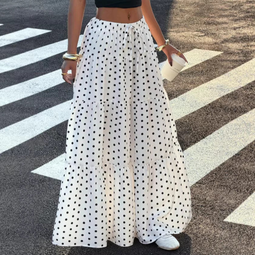 Women Striped Maxi Skirt with Elastic Waistband and Polka Dot Pattern Mune Fashion