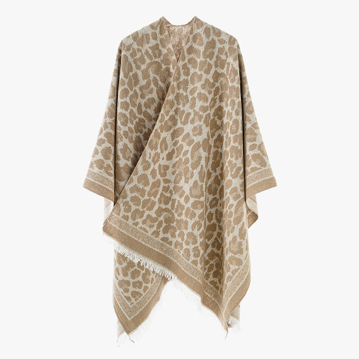 Women's Jacquard Poncho in Oversize Wrap with Leopard Print and Fringe Hem Mune Fashion