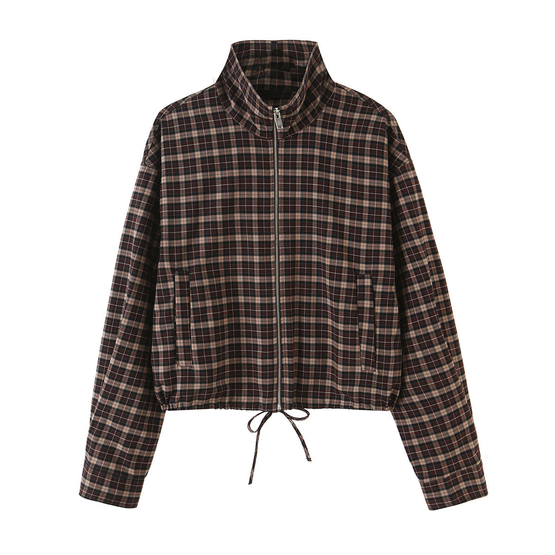 Women's Checkered Cropped Jacket with Stand-up Collar, Drawstring Hem and Pockets Mune Fashion
