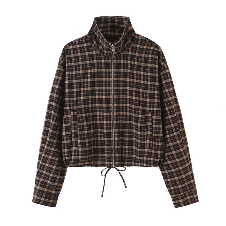 Women's Checkered Cropped Jacket with Stand-up Collar, Drawstring Hem and Pockets Mune Fashion