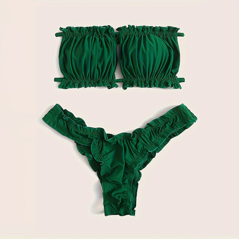 Women Bandeau Bikini Set with Elegant Ruffles Mune Fashion