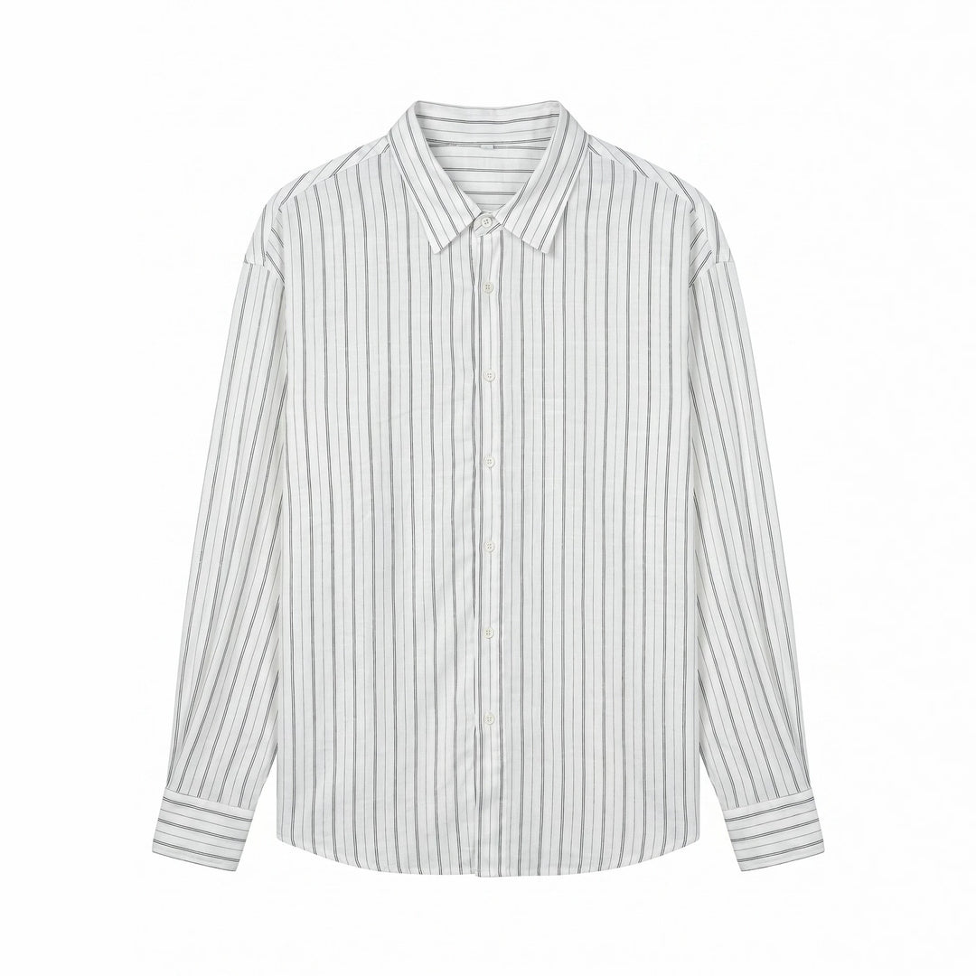 Unisex Long Relaxed-Fit Striped Shirt with Kent Collar and Rounded Hem Mune Fashion