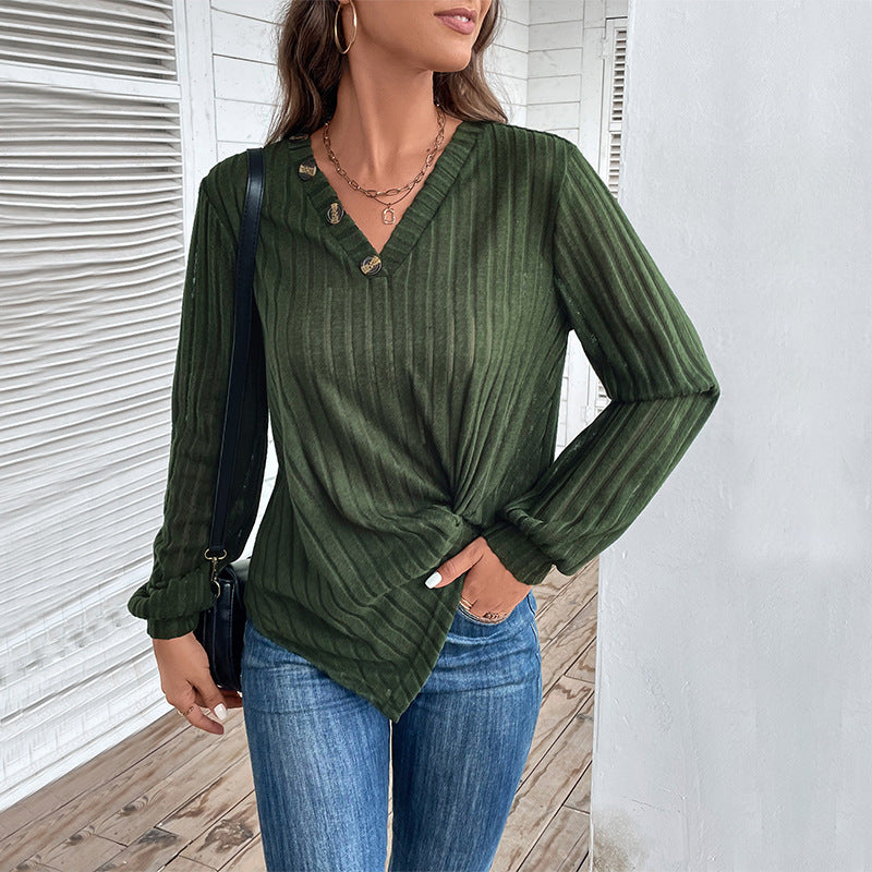 Women Tailored Ribbed Long Sleeve with V-Neck, Button Placket and Twist Knot Mune Fashion