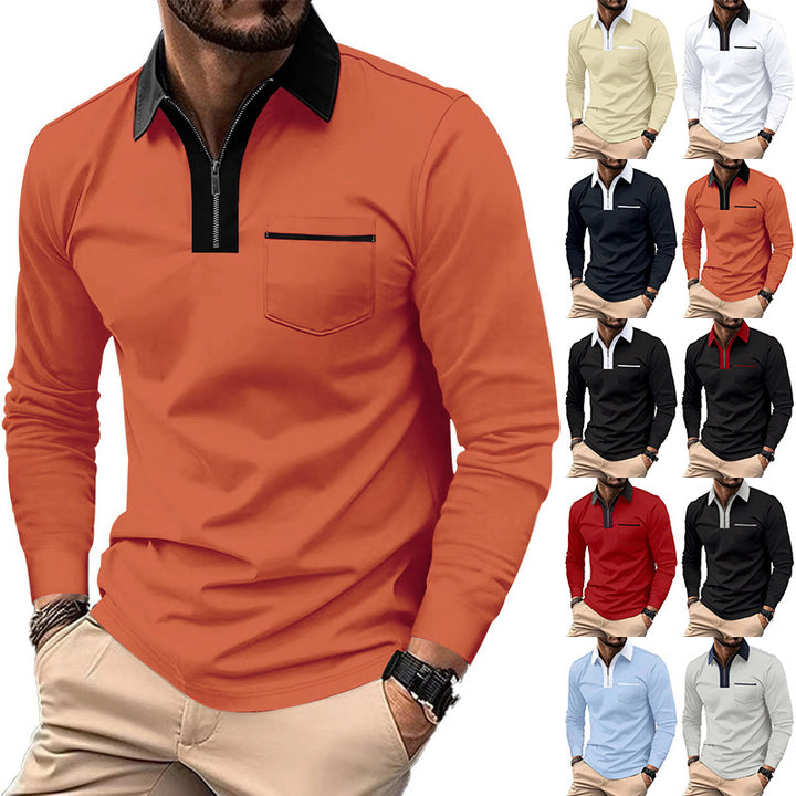 Men's elegant long-sleeve polo shirt with distinctive stand-up collar metal short zip and chest pocket Mune Fashion