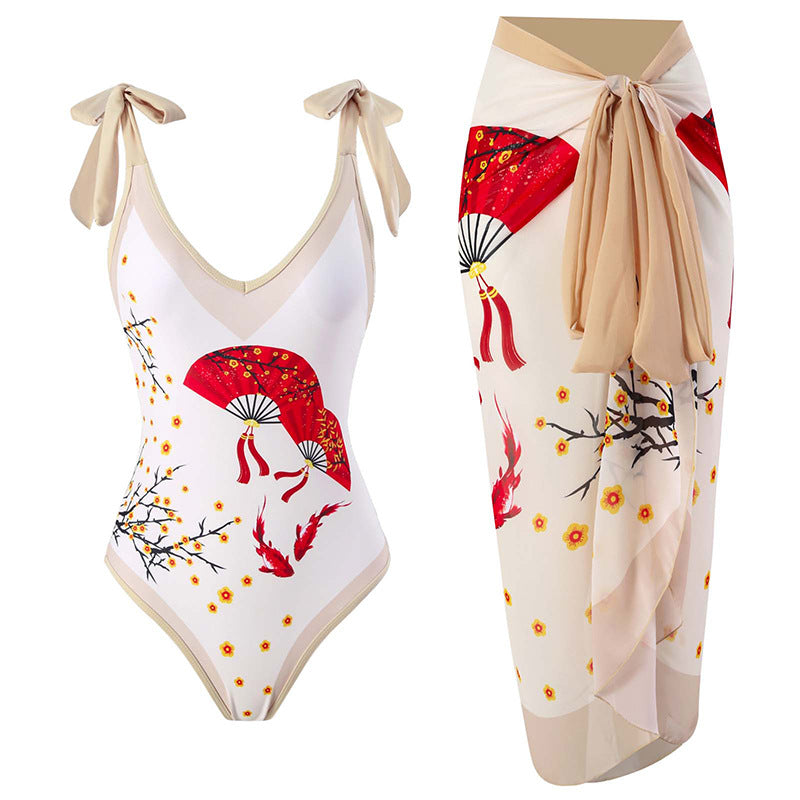 Women’s One-Piece Swimsuit with Playful Tie Straps and Elegant Wrap Skirt Mune Fashion