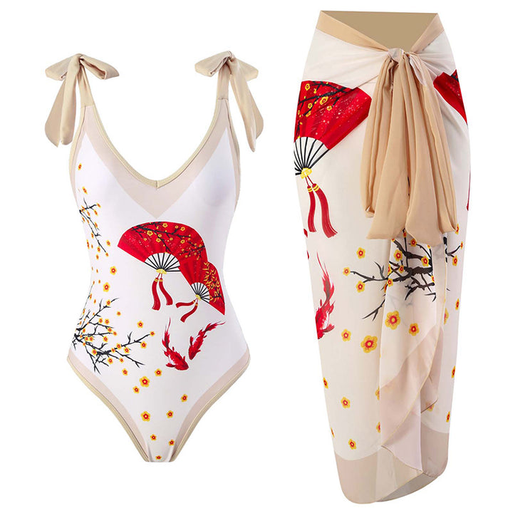 Women’s One-Piece Swimsuit with Playful Tie Straps and Elegant Wrap Skirt Mune Fashion