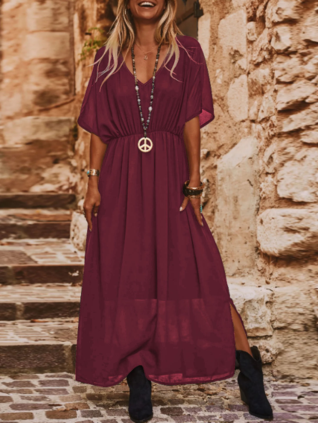Women's Long Boho Maxi Dress with V-Neck, Wide Batwing Sleeves and High Slit Drune