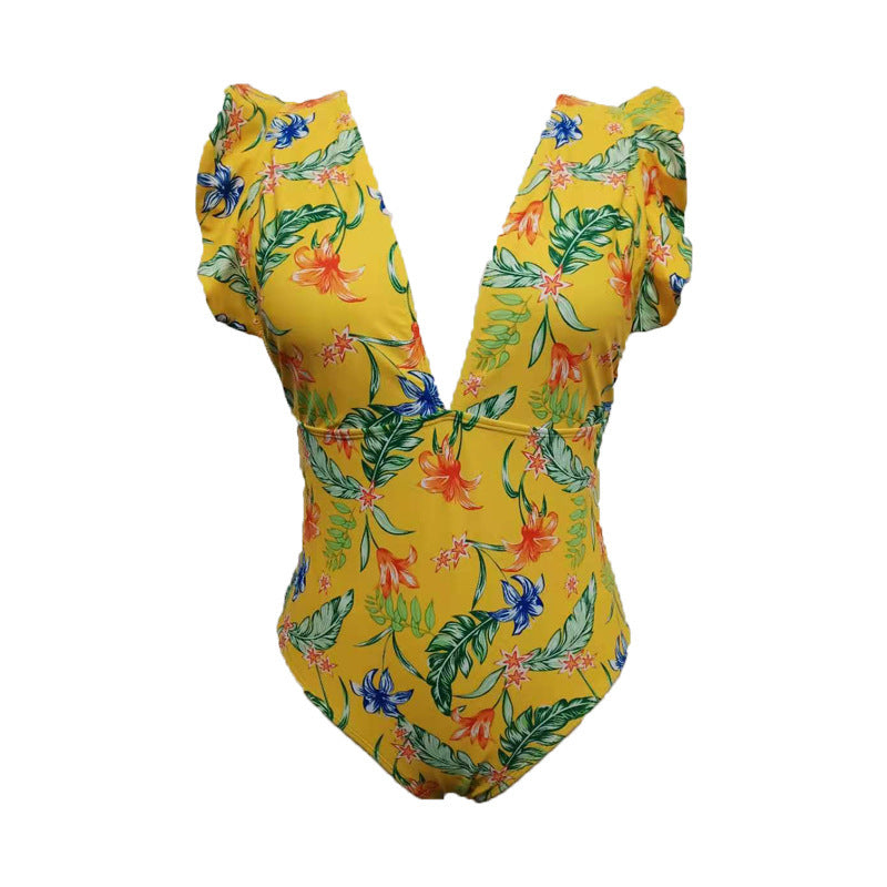 Ladies Elegant One-Piece Swimsuit with Floral Pattern and Voluminous Sleeves Mune Fashion
