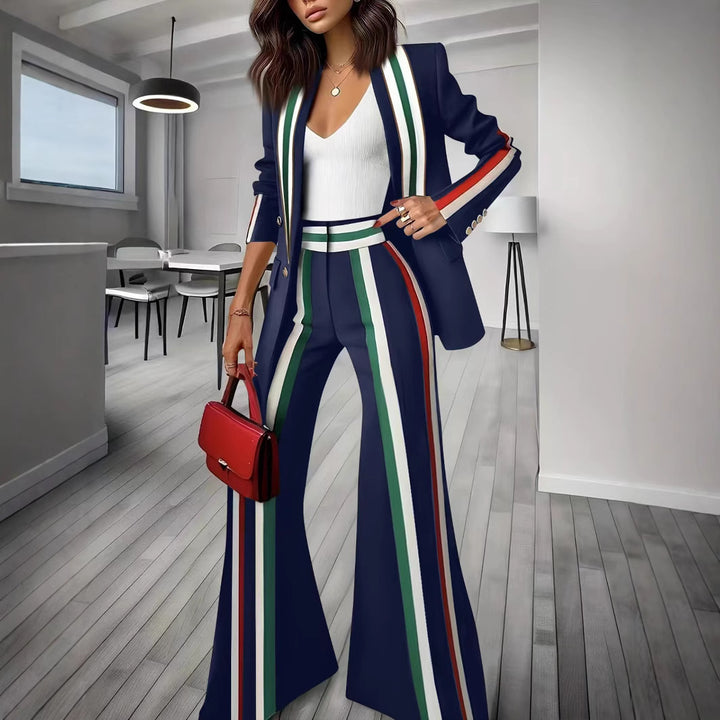 Ladies Elegant Blazer-Pants Set with Side Contrast Stripes and Wide Flare Mune Fashion