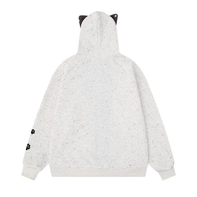 Women's zip hoodie with music print, 3D ear hood and paw appliqué Mune Fashion