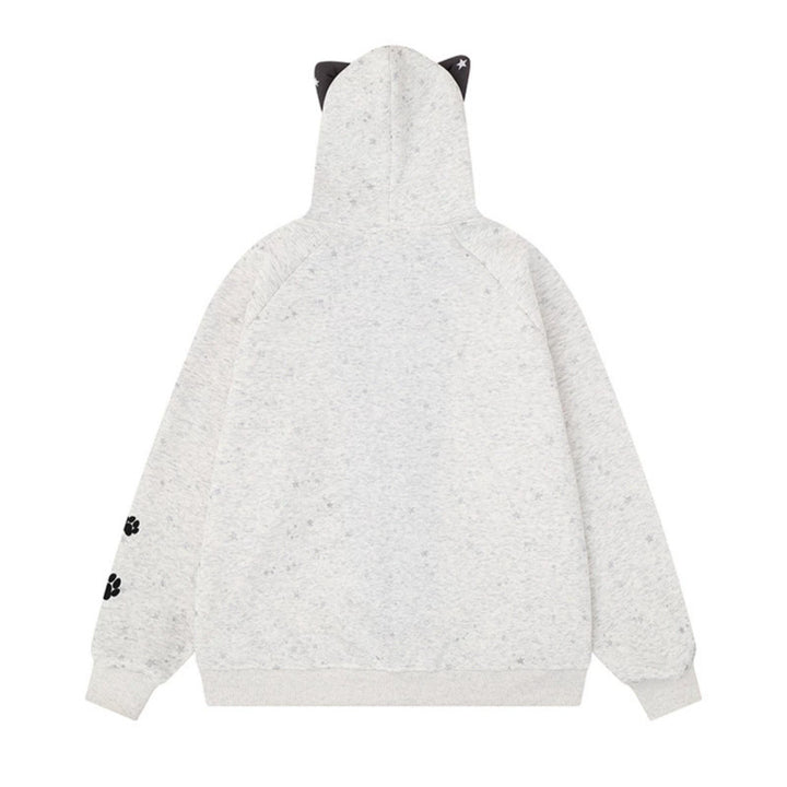 Women's zip hoodie with music print, 3D ear hood and paw appliqué Mune Fashion