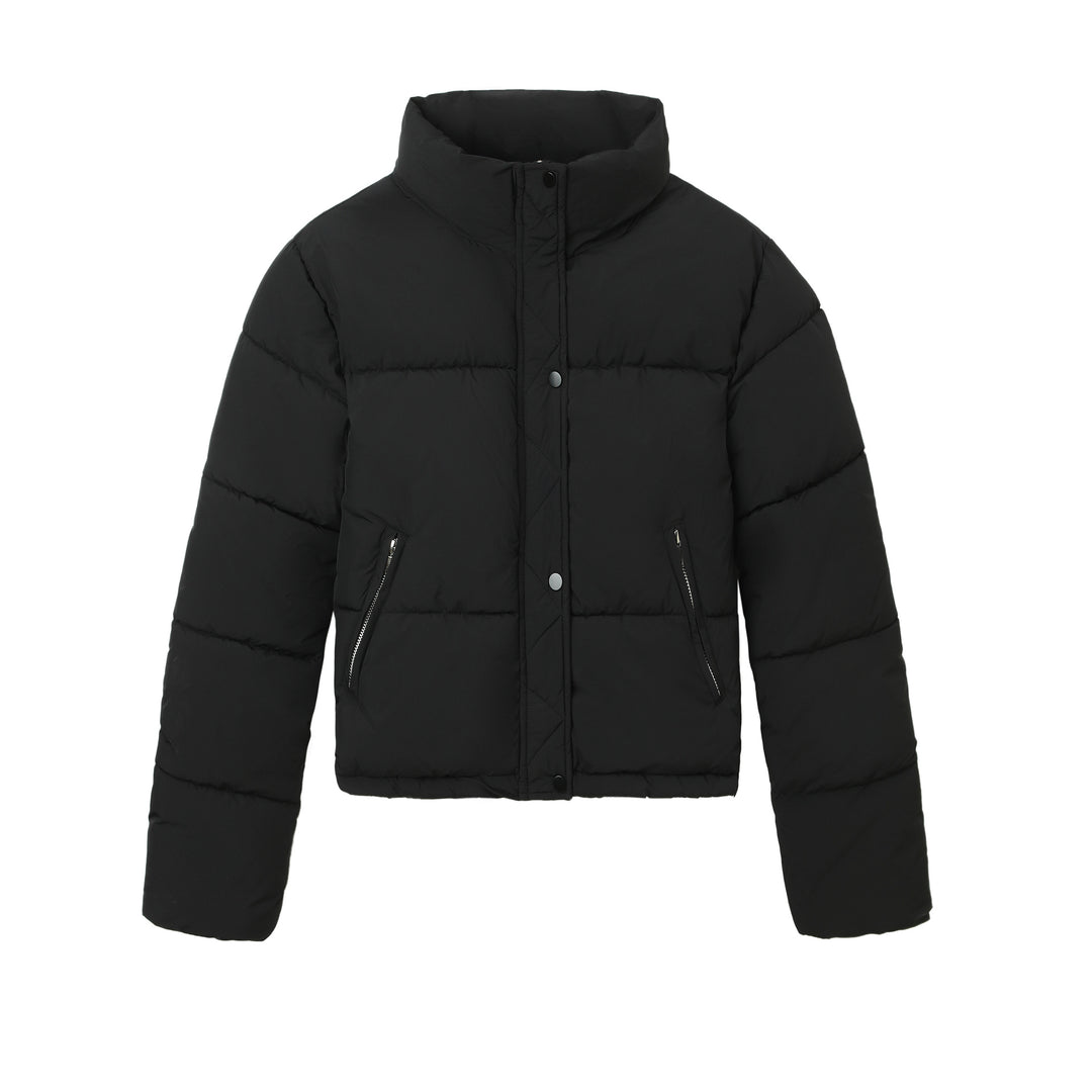 Women's Boxy Puffer Jacket with High Stand-Up Collar and Concealed Snap Button Placket Mune Fashion