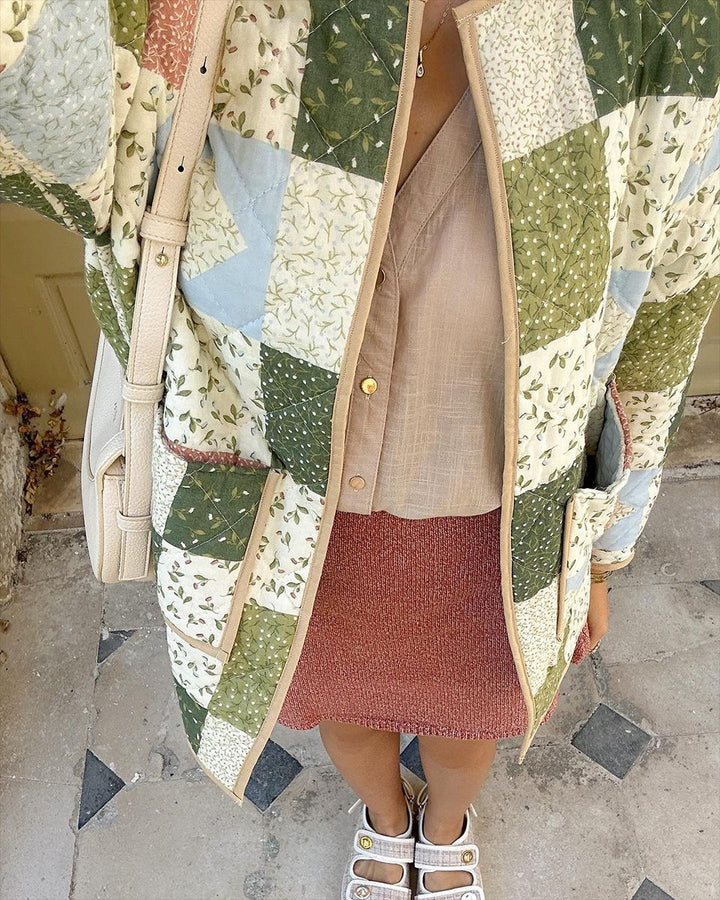 Women Padded Patchwork Quilted Coat with Floral Inserts and Patch Pockets Mune Fashion