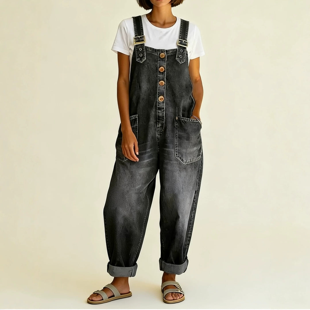 Women's Wide Denim Dungarees with Button Placket, Adjustable Straps and Patch Pockets Mune Fashion