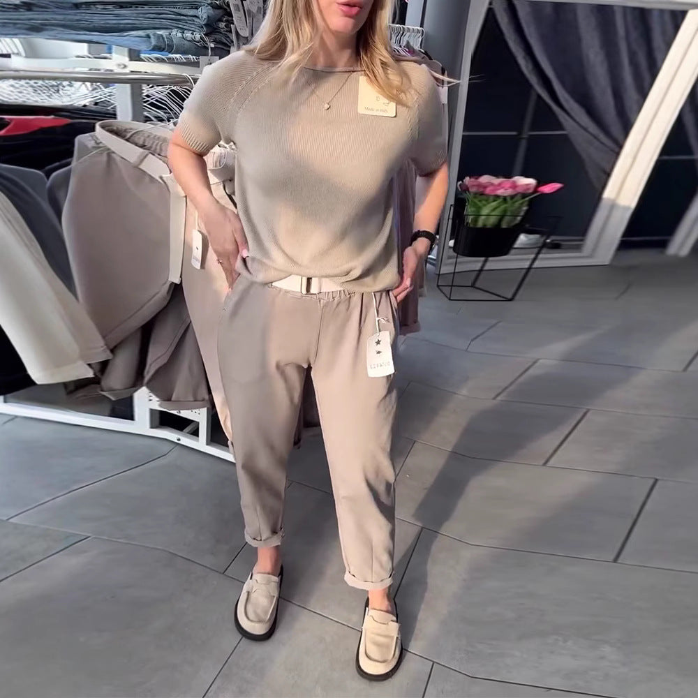 Women's casual cotton chinos with elastic comfort waistband, cuffs, and decorative belt Mune Fashion